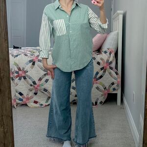 Anthropologie Women's Green and white lumiere striped button down small